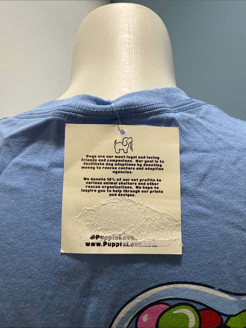 Puppie Love Women's Short Sleeve Tee - Light Blue with Colorful Dog Graphic - Picture 2 of 4